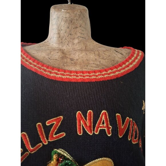 Feliz Navidad Christmas Ugly Sweater With Embellishments & Bell Sleeves - Picture 3 of 16